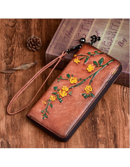 2022 New Arrival Wholesale Artist Purses Multi Card Slots Holder Long Style Genuine Cow Leather Flower Wallets for Women