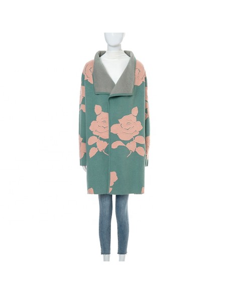 Knitwear manufacturer Winter new long sleeved green classic lapel mid length women knitted sweater coat