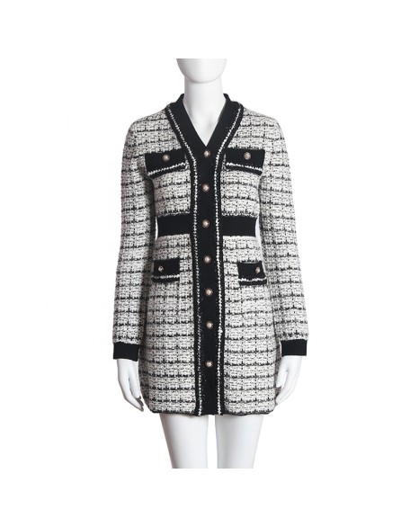 Fast delivery from stock V-neck long-sleeved plaid knitted coat ladies dresses