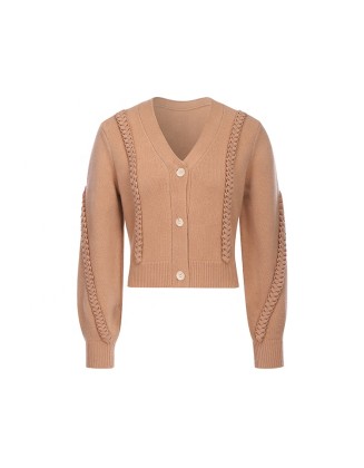 Knitwear manufacturers custom fall brown v neck long sleeve lace korean gentle elegant knitted sweater cardigans al por mayor