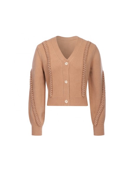 Knitwear manufacturers custom fall brown v neck long sleeve lace korean gentle elegant knitted sweater cardigans al por mayor