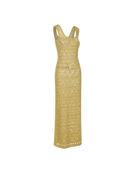 Knitwear manufacturers custom summer gold round neck sleeveless hollow out elegant casual fairy dress women sweater knit dresses