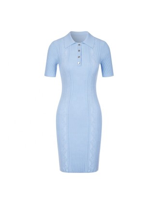 Knitwear manufacturers custom summer sky blue rib bodycon elegant casual beautiful dress for women sweater knit women's dresses