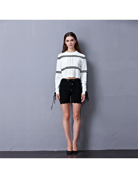 Knitwear manufacturers custom fall long sleeve cutout crop top casual round neck women clothes pullover knitted sweater women