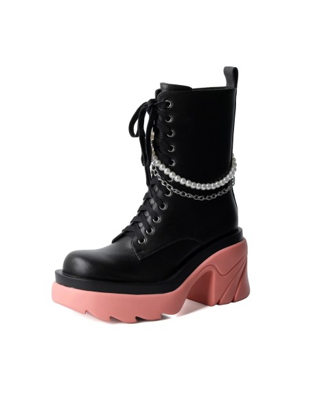 Fall season women's flat boat safety boots chunky heel round toe PU lace up shoes with chain