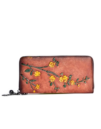 2022 New Arrival Wholesale Artist Purses Multi Card Slots Holder Long Style Genuine Cow Leather Flower Wallets for Women