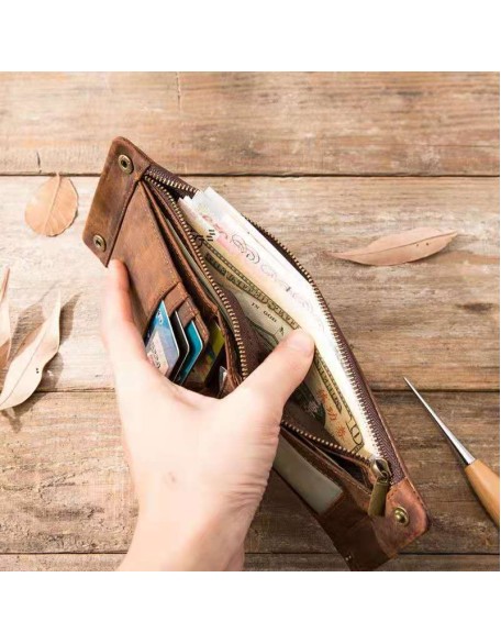 Wallets Purse Genuine Leather Crazy Horse Best Sellers Men's Wallet Luxury GPS Minimalist Brown Men Cow Leather Long Zipper