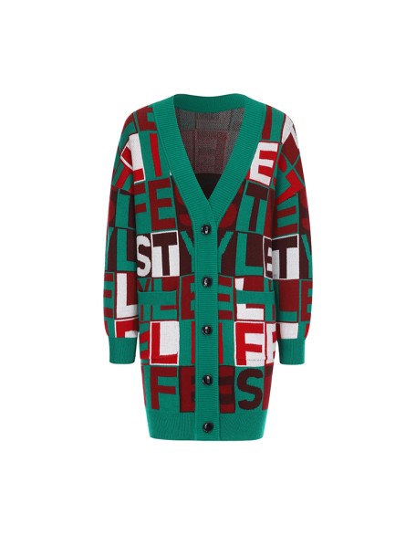 Knitwear manufacturer custom new v neck long sleeved monogram jacquard knitted cardigan coat women's sweater