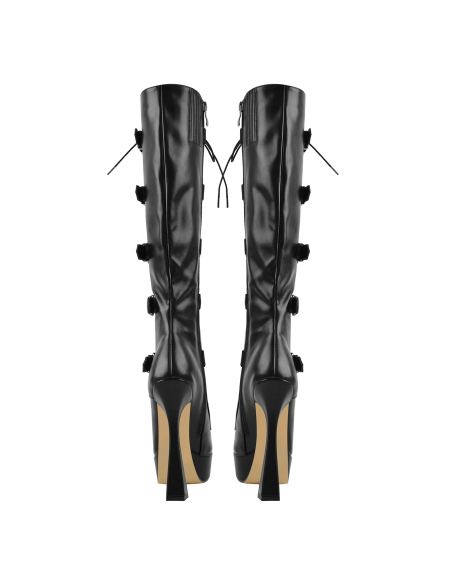 Round toe black color faux leather long boots women's platform high heels footwear private label add on shoes freely
