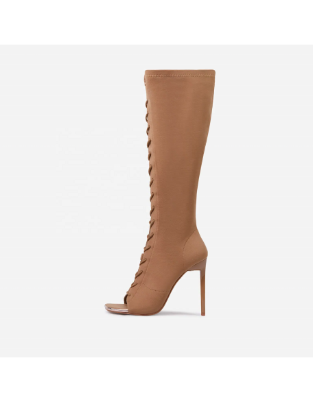 Open toe style lycra  material lace up women's long boots shoes high heels  factory wholesaler ODM design shoes