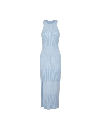 Knitwear manufacturers custom summer sleeveless sky blue elegant casual women dress 2023 formal sweater knit women's dresses