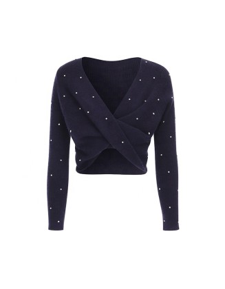 Knitwear manufacturer custom new spring loose cross V-neck temperament top beading knit cardigan women's sweater