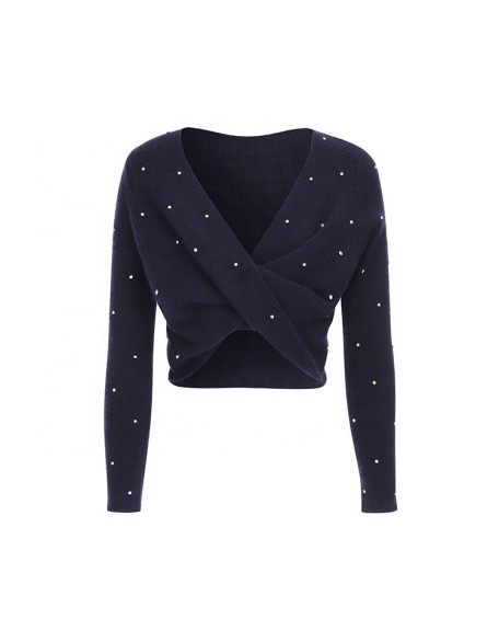 Knitwear manufacturer custom new spring loose cross V-neck temperament top beading knit cardigan women's sweater