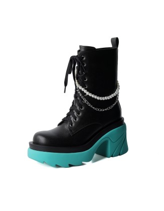 Fall season women's flat boat safety boots chunky heel round toe PU lace up shoes with chain