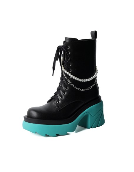 Fall season women's flat boat safety boots chunky heel round toe PU lace up shoes with chain