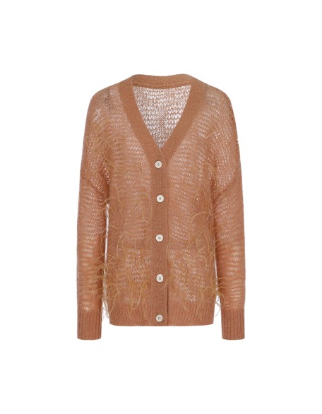Knitwear manufacturer custom spring mohair v neck feather long sleeved loose knit cardigan sweater women