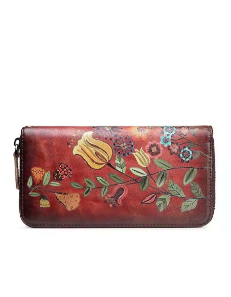 Women's Wallet Genuine Leather Zip Around Wristlet Long Purse Vintage Embossing Cowhide Large Capacity Handmade Clutch Wallet