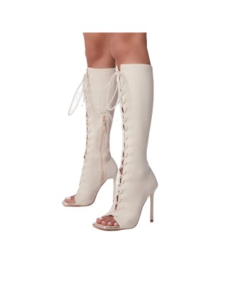 Open toe style lycra  material lace up women's long boots shoes high heels  factory wholesaler ODM design shoes