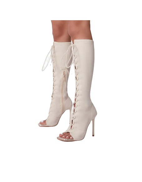 Open toe style lycra  material lace up women's long boots shoes high heels  factory wholesaler ODM design shoes