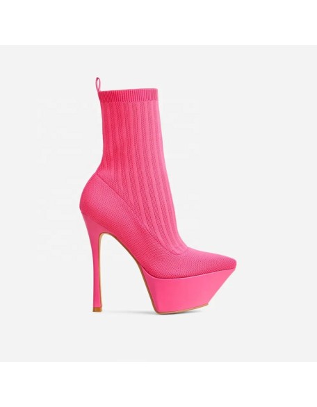 Platform knit material shoes women high heels boots women shoes with pointy toe