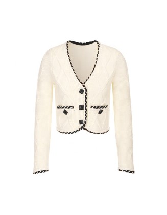 Knitwear manufacturers custom autumn beige v neck long sleeve casual korea cardigan women knit sweater cardigan