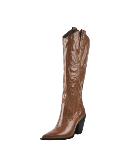 Brown color faux leather cowboy boots with pointed toe high heel shoes women's half boots