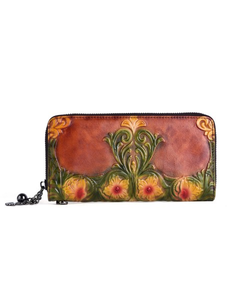Wholesalers Fashion Designer Genuine Leather Handmade Flower Zipper Women Long Wallet Coin Purse