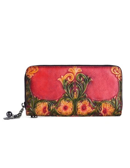 Wholesalers Fashion Designer Genuine Leather Handmade Flower Zipper Women Long Wallet Coin Purse