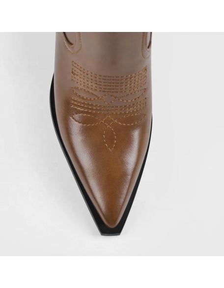 Brown color faux leather cowboy boots with pointed toe high heel shoes women's half boots
