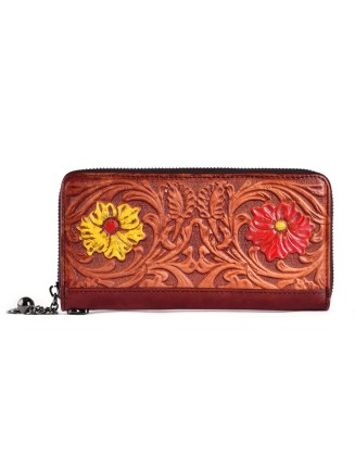 New Arrival Hot Selling Real Leather Embossed Flower Purse Luxury Carved Long Wallets for Women