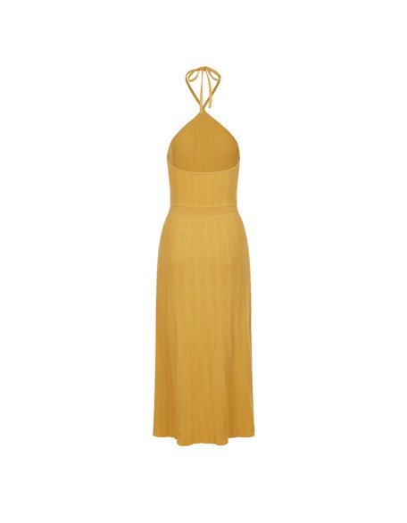 Knitwear manufacturers custom summer halter backless ribbed elegant casual gold dresses women party sweater knit women's dresses