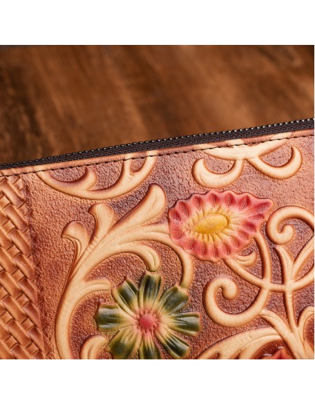 red flower design vintage embossing wallets for women fashionable genuine leather handmade long wallet