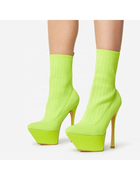 Platform knit material shoes women high heels boots women shoes with pointy toe