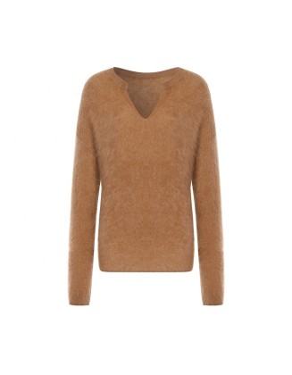 Knitwear manufacturers custom brown v neck warm cashmere casual knitted winter women's pullover sweater tops knit sweater women