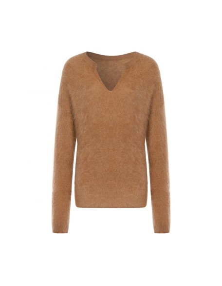 Knitwear manufacturers custom brown v neck warm cashmere casual knitted winter women's pullover sweater tops knit sweater women