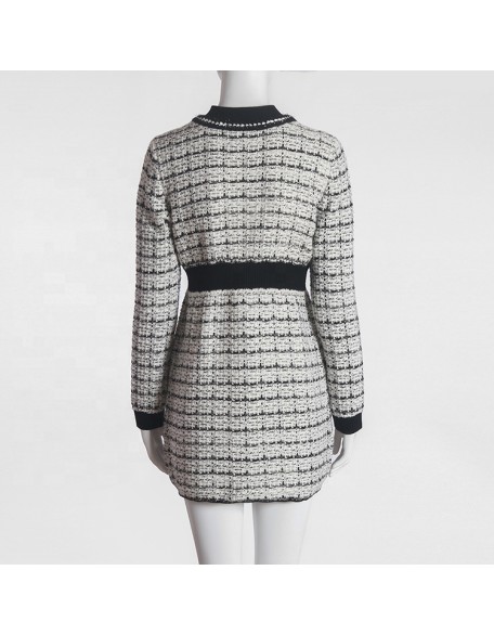 Fast delivery from stock V-neck long-sleeved plaid knitted coat ladies dresses