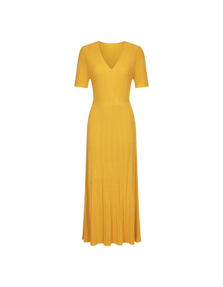 Knitwear manufacturers custom orange v neck rib elegant woman summer casual long dresses sweater knit women's dresses