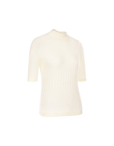 Knitwear manufacturers custom beige half high collar half sleeve casual middle age women sweater wool knit sweater