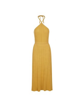 Knitwear manufacturers custom summer halter backless ribbed elegant casual gold dresses women party sweater knit women's dresses