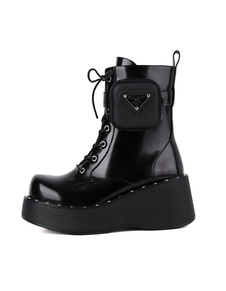 Black color round toe platform shoes women ankle boots with lace up style boat shoes casual footwear