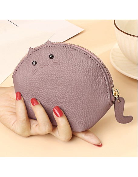 Latest Designer Genuine Leather Women's Mini Lovely Cat Card Holder Zipper Zero Wallet Pouch