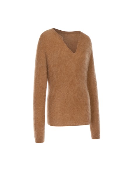 Knitwear manufacturers custom brown v neck warm cashmere casual knitted winter women's pullover sweater tops knit sweater women