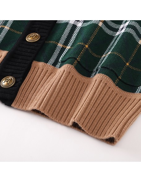 Knitwear manufacturer custom winter warm v neck knit long sleeved plaid cardigan sweater for women