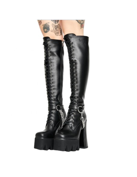 Round toe super stripper heels platform shoes PU material women's long boots with zip closure