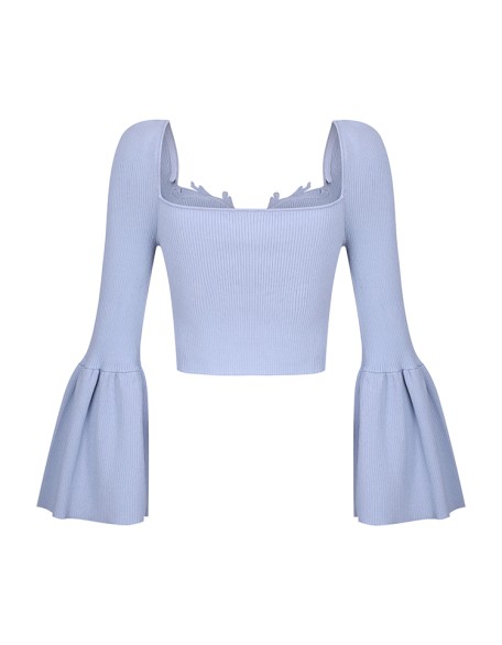Knitwear manufacturers custom embroidery rib elegant flare sleeve loose casual pullover sweater for women knit sweater women