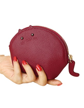 Latest Designer Genuine Leather Women's Mini Lovely Cat Card Holder Zipper Zero Wallet Pouch