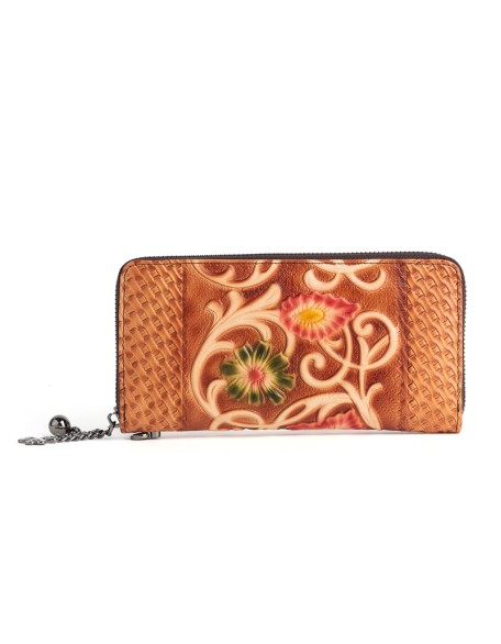 red flower design vintage embossing wallets for women fashionable genuine leather handmade long wallet