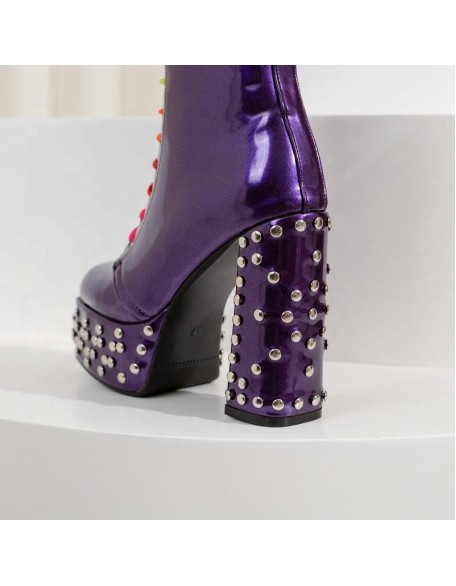 Rivet studded fashion square toe martin boots for womens winter boots PU material block heels shoes