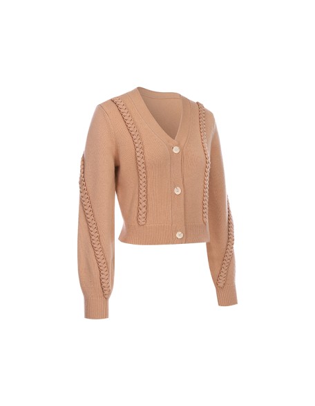 Knitwear manufacturers custom fall brown v neck long sleeve lace korean gentle elegant knitted sweater cardigans al por mayor