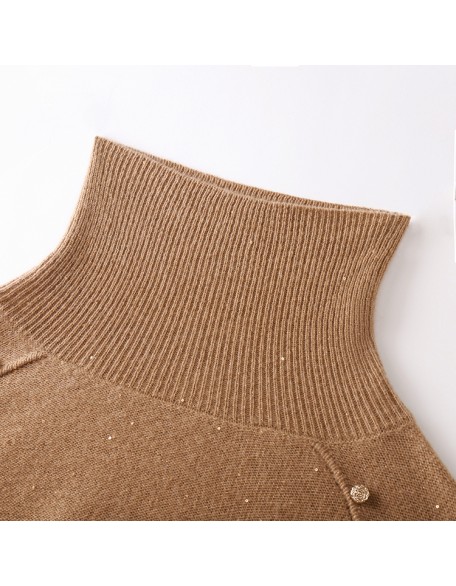 Knitwear manufacturers custom winter brown long sleeve sequin cashmere blend casual turtle neck women sweater knit sweater
